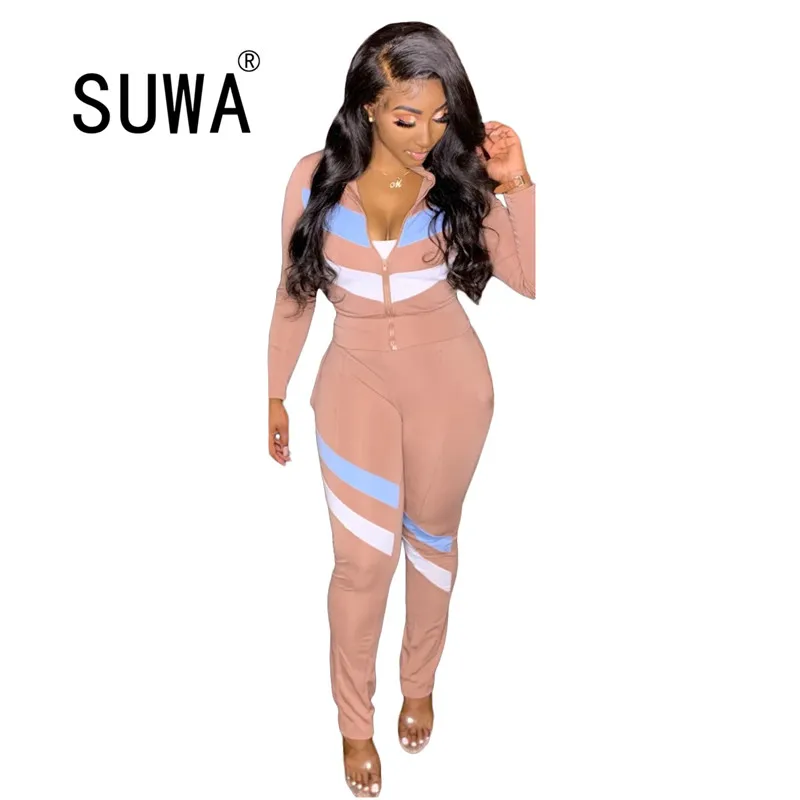

Contrast Color Striped Patchwork Tracksuit Casual Two Piece Outfits Women Matching Sets Long Sleeve Top Tunic Jogger Leggings
