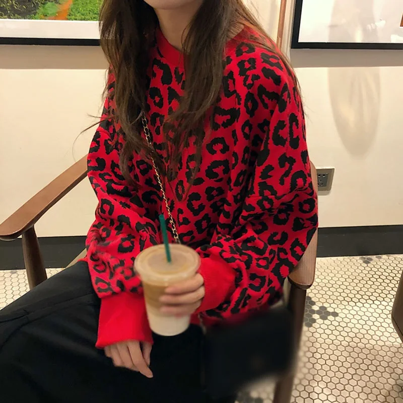 

Autumn Women's Round Neck Leopard Print Sweater Women's Loose Korean Style All-match Casual Long Sleeve Top