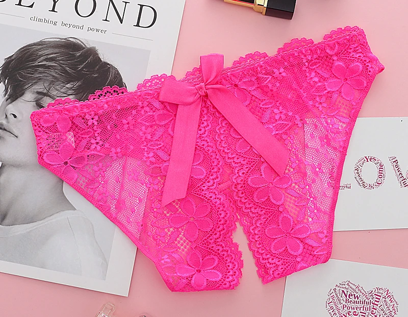 Sexy Lace Hollow Panties Tempting Women Briefs Opening Crotch Low Waist Female Underwear Transparent Sexy Cute Bow Panty