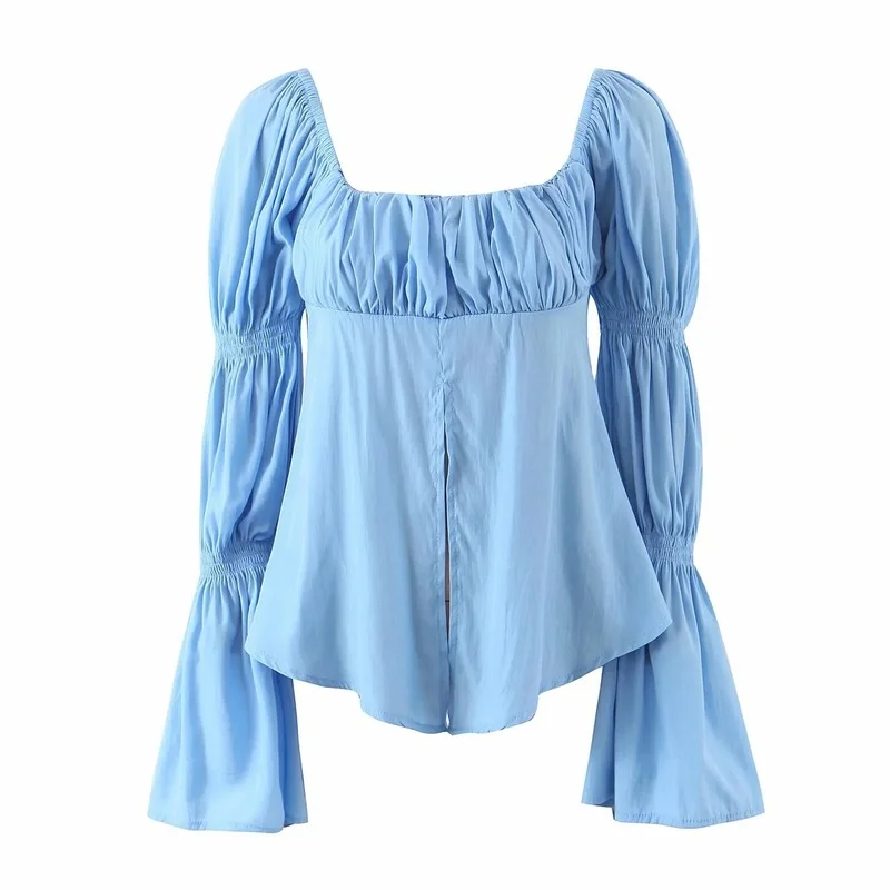 

French Style Vintage Flare Sleeve T-shirts Women's Clothes 2021 Spring New Square Collar Front Slit Irregular Personality Tops