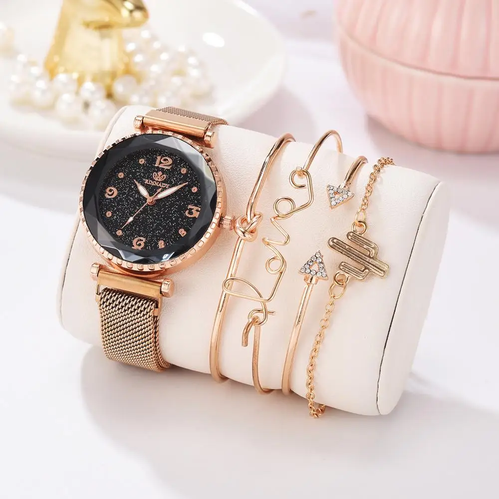 

5pc/set Luxury Brand Women Watches Starry Sky Magnet Watch Buckle Fashion Bracelet Wristwatch Roman Numeral Simple Clock Gift