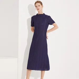 Pleated Summer Temperament Simple Basic Vertical Collar Long Pleated Dress Manufacturer Wholesale