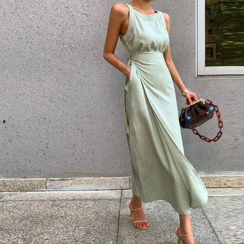 

2021 New Fashion Elegant Sleeveless Summer Dress Women O-Neck High Waist Split Solid Midi Dresses Lace Women's Party Dress Robe