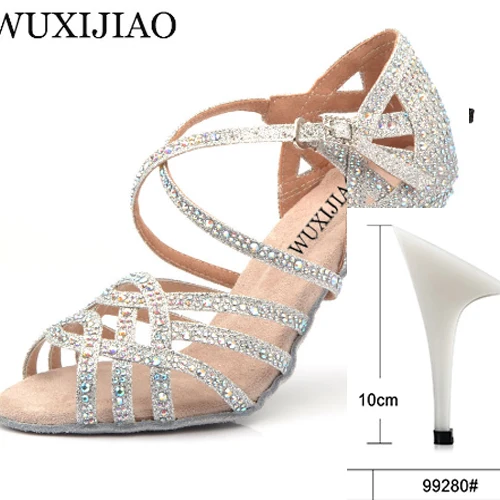 Silver heel 10cm WUXIJIAO/серебристые и Синие стразы; обувь для латинских танцев; женская Обувь для бальных танцев; обувь для вальса на высоком каблуке 9 см; Лидер продаж - Цвет: Silver heel 10cm