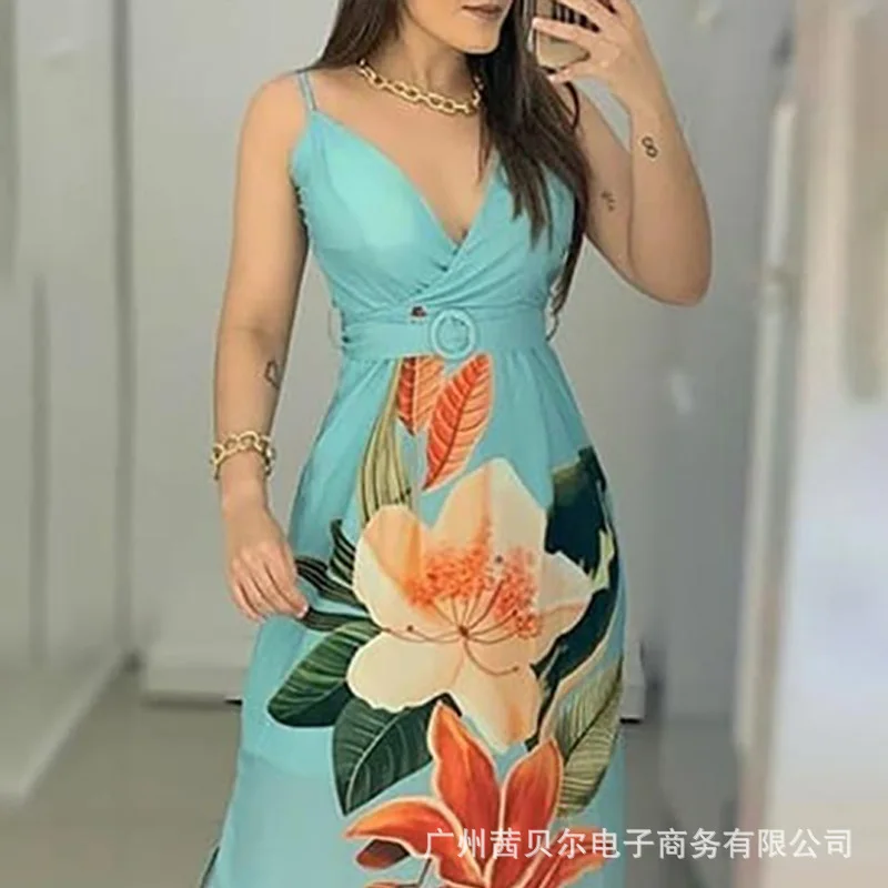 

WEPBEL High Waist Sleeveless V Neck Fashion Women Floral Flower Printed Split Dress Summer New Casual Dress