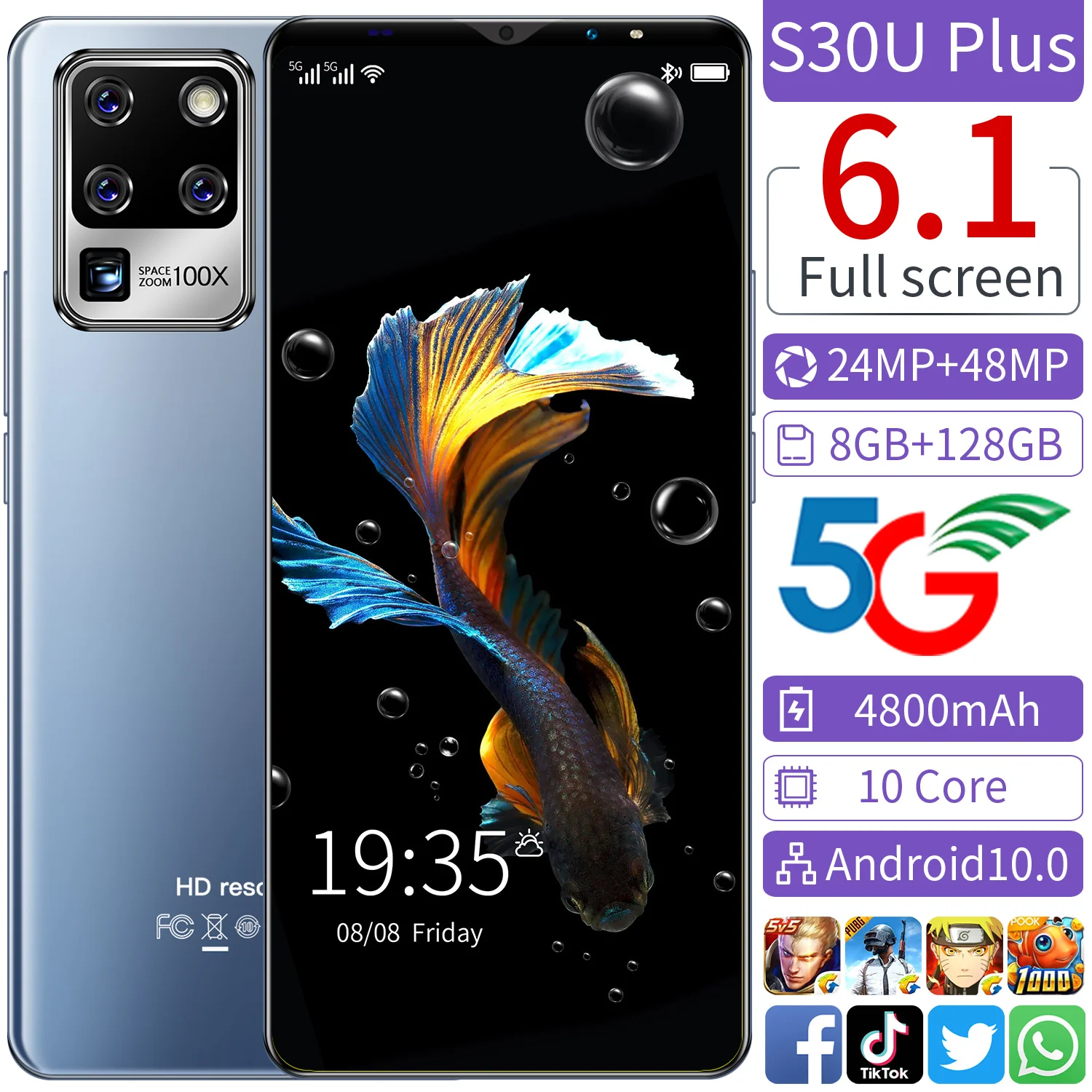 

Hot Sale S30U Plus 6.1 Inch 8+128GB 24+48MP Andriod 10.0 Smartphones 4800mAh Fingerprint ID Dual SIM+Micro SD Cellphones MT6889