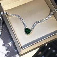 2021 luxury heart green crystal pendant silver color necklace for women exquisite zircon clavicle chain choker wedding jewelry