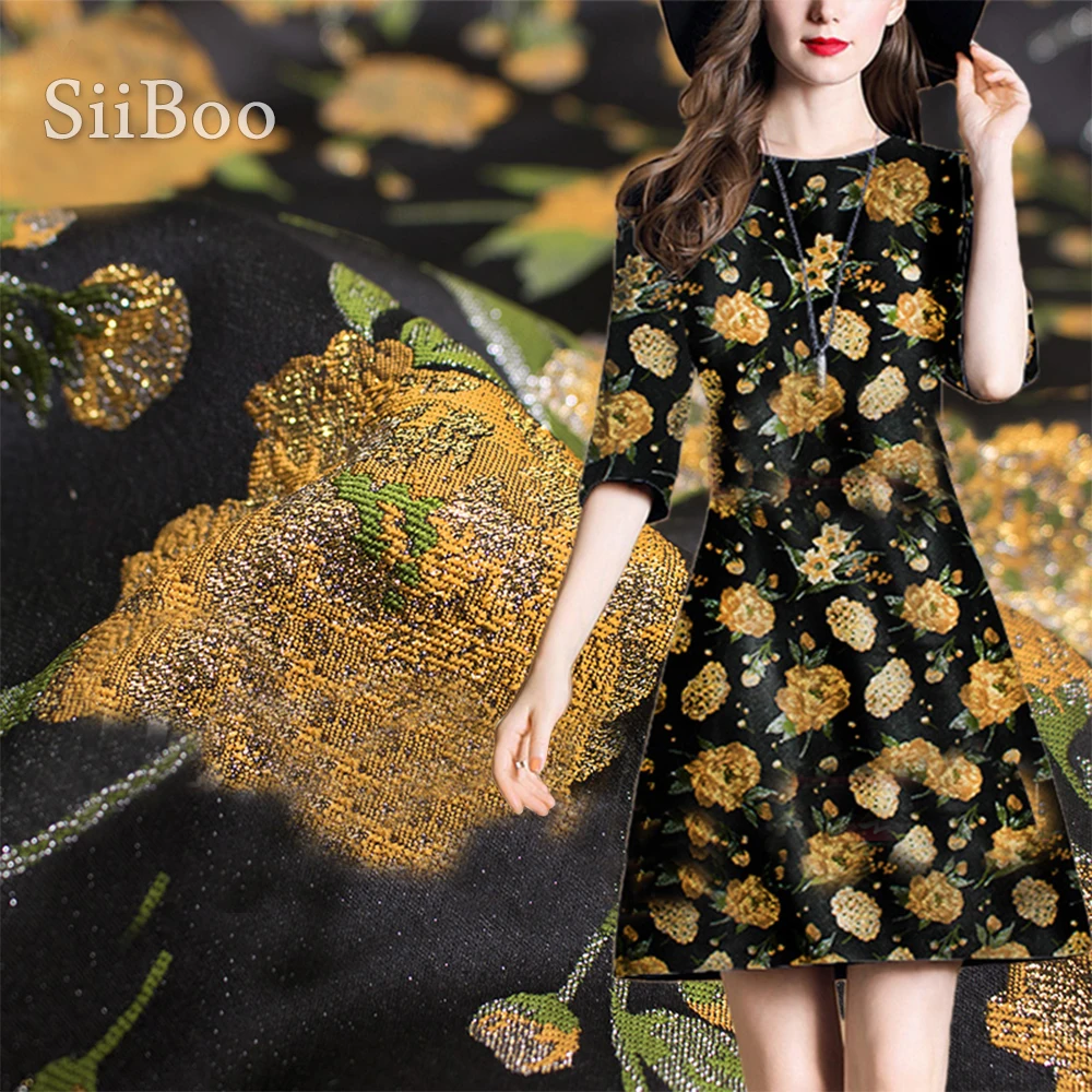 

American style black with yellow floral metallic jacquard brocade fabric for dress jacquard tissu tecidos stoffen cloth SP4857
