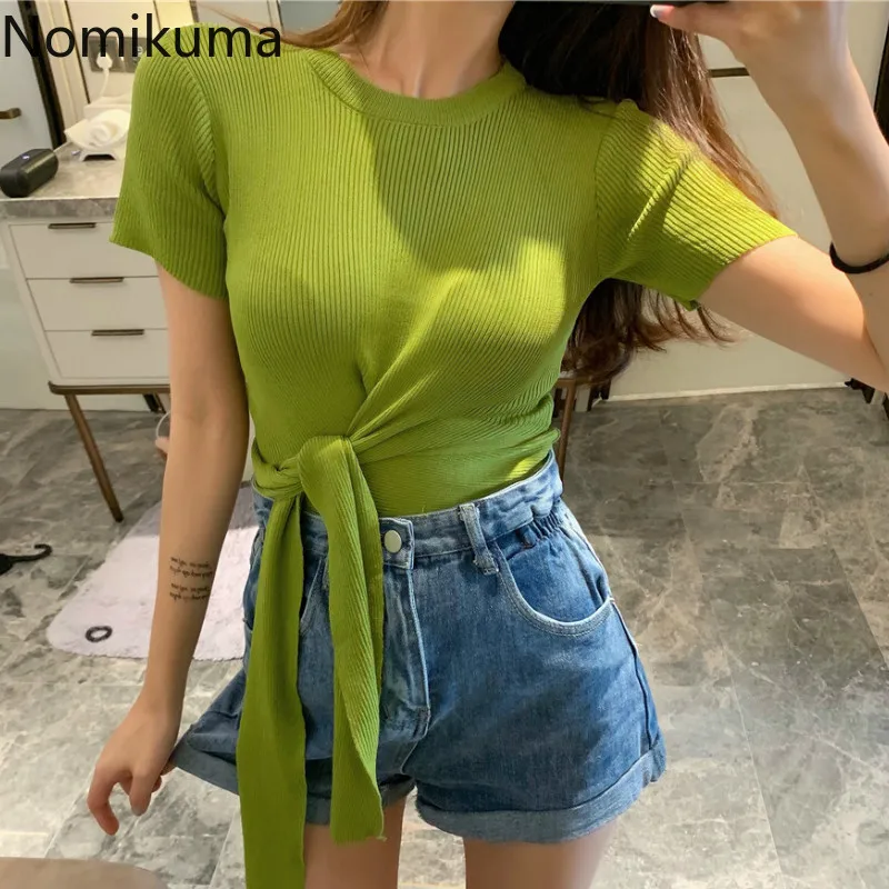 Женская однотонная трикотажная футболка Nomikuma с круглым вырезом и коротким