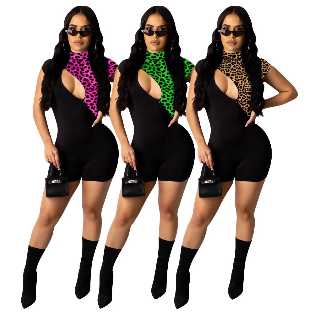 

Women's new leopard print tights with sexy crewneck hollowed-out nightclub party jumpsuits
