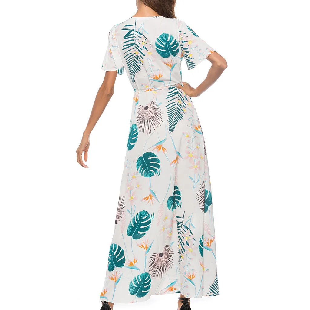 SAGACE Fashion Dress Women Casual V-Neck Leaves Print beach dresses and tunics Short Sleeve Split Bandage sexy party | Женская одежда