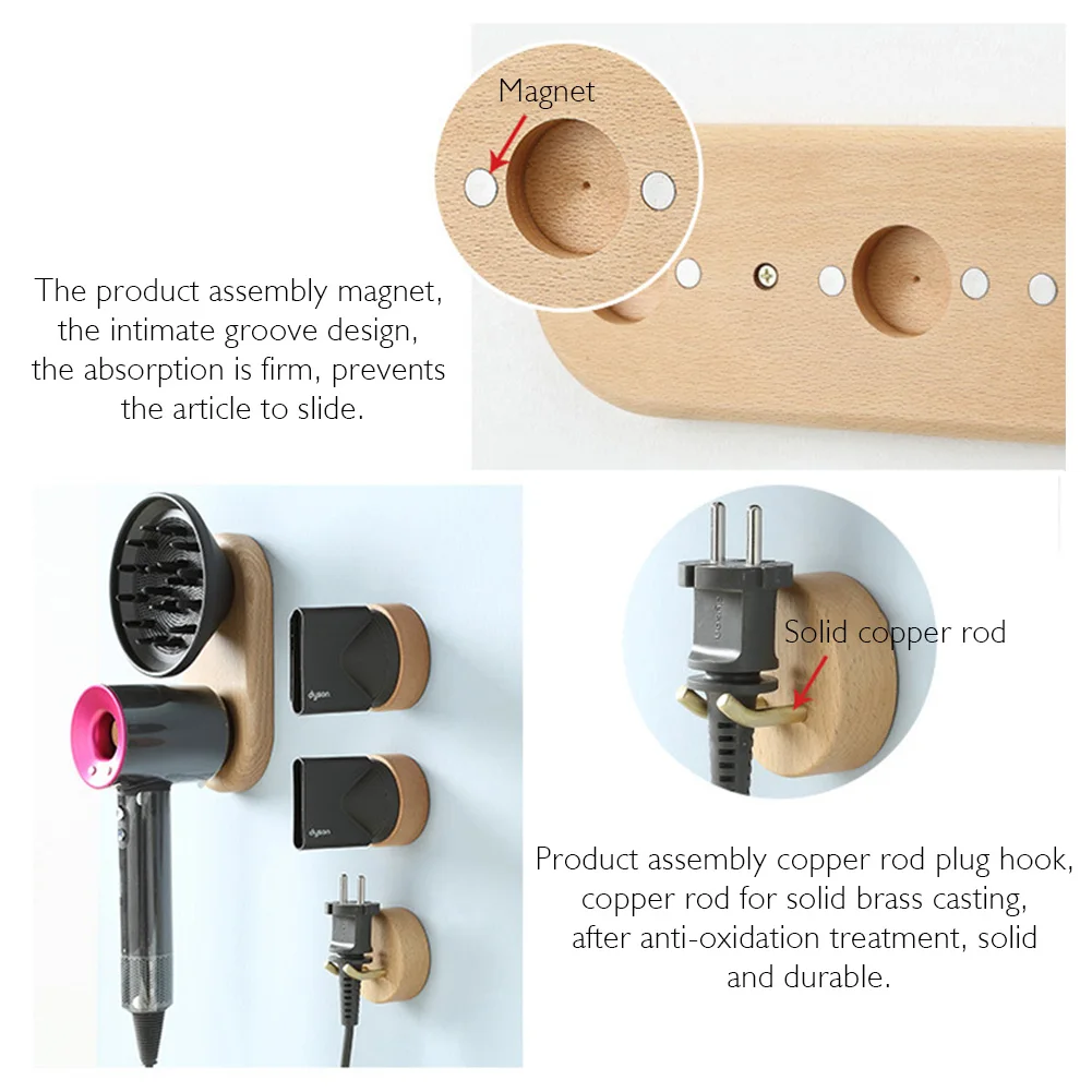 

Stand Walnut Wood Bathroom Storage Wall Mount Rustic Hair Dryer Holder Easy Install Organizer Magnetic Home Decor For Dyson