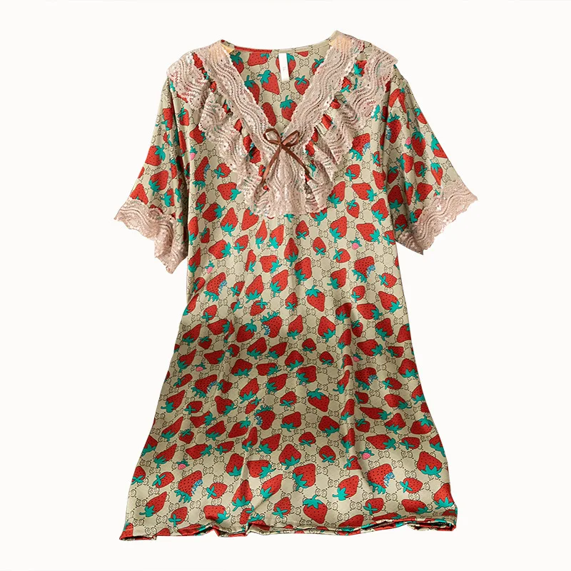 

Женская ночная рубашка с клубничным леопардовым принтом, короткая юбка, платье для девушек, сексуальное женское платье, кружевная Пижама