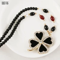 korean fashion lucky four leaf clover pendant long necklace female inlaid crystal zircon pendant with beaded necklace