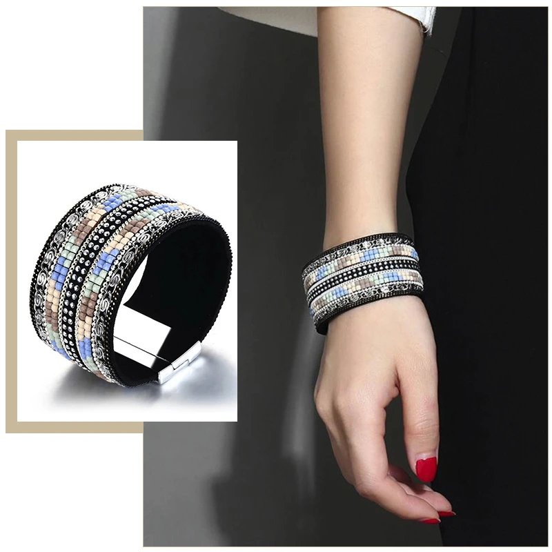 Женский широкий браслет с цветными бусинами массивный праздничный в богемном