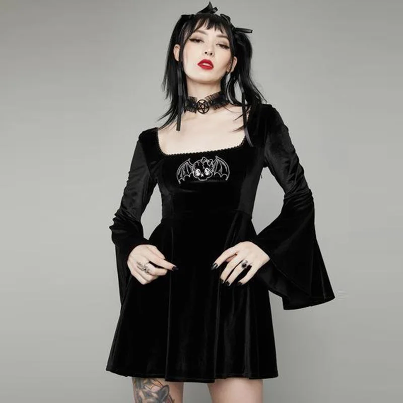 

Emo Punk Vintage Goth High Waist Party Dress Black Embroidery Mini Dress Aesthetic Velvet Flare Long Sleeve A Line Women Dresses
