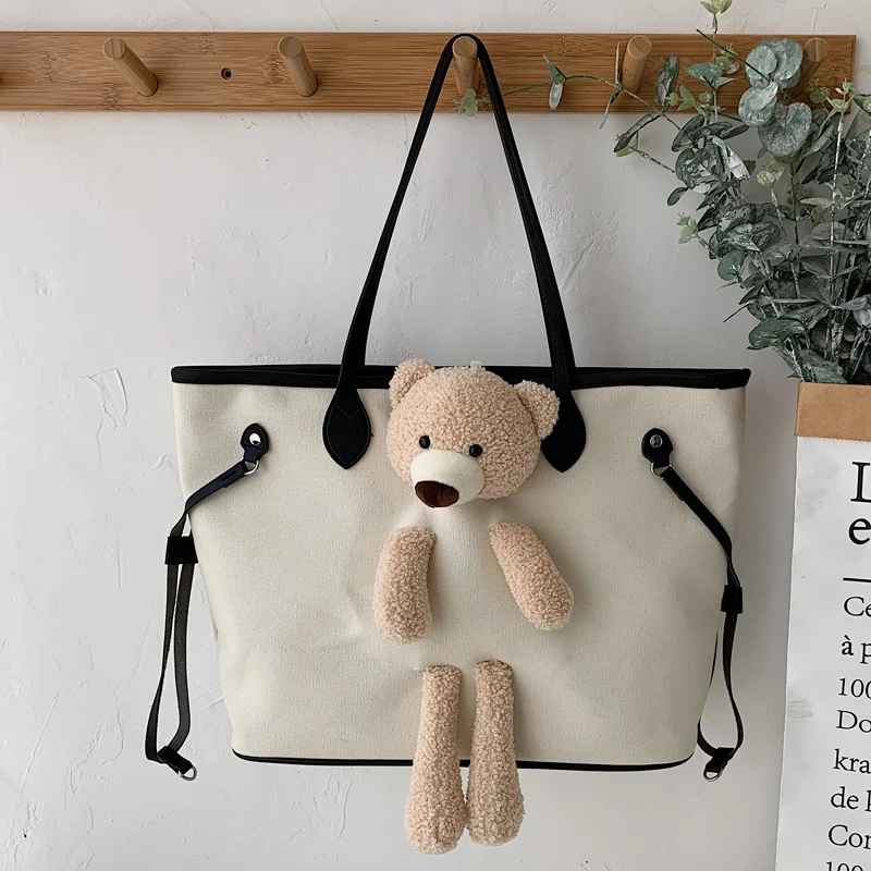 

Women Handbag Female Shoulder bags Cartoon Decoration Canvas Shopping Tote Plaid Girls' Gift Purse Handbag Large Capacity