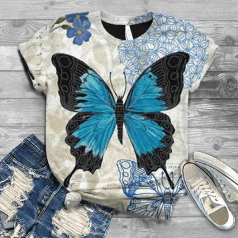 

Summer Loose Butterfly Print T-shirt Women's Harajuku Short-sleeved Casual Top Hippie Streetwear Fitness Sports T-shirt 2021 New