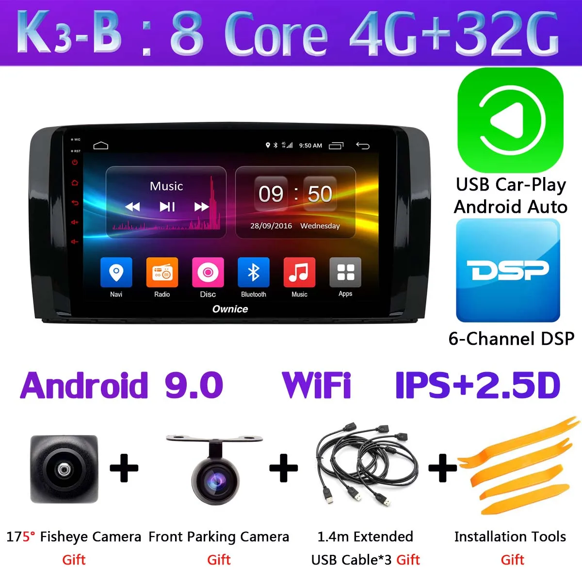 K3-B-CarPlay 1Din 360 ° камера 4G LTE WiFi Android 9,0 4G+ 64G SPDIF DSP CarPlay автомобильный мультимедийный плеер для Mercedes Benz R Class W251 gps радио - Цвет: K3-B-CarPlay