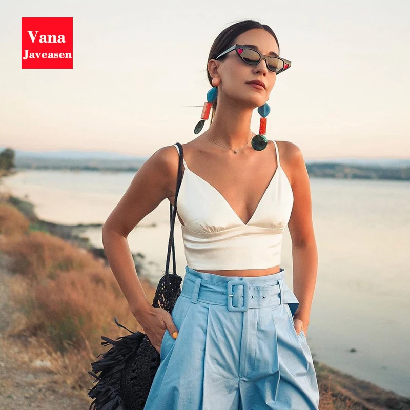 

Deep V Neck Sexy Women Crop Top Camis Backless Female Slim Short Camisole Harajuku Simple Solid Spaghetti Strap Skinny Tops