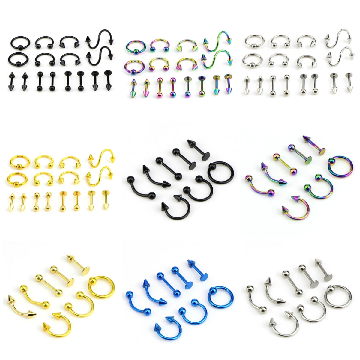 

8/16pcs Piercing Set Fashion Eyebrow Bar Lip Nose Pircing Stainless Steel Ear Studs Stainless Steel Mixed Body Jewelry