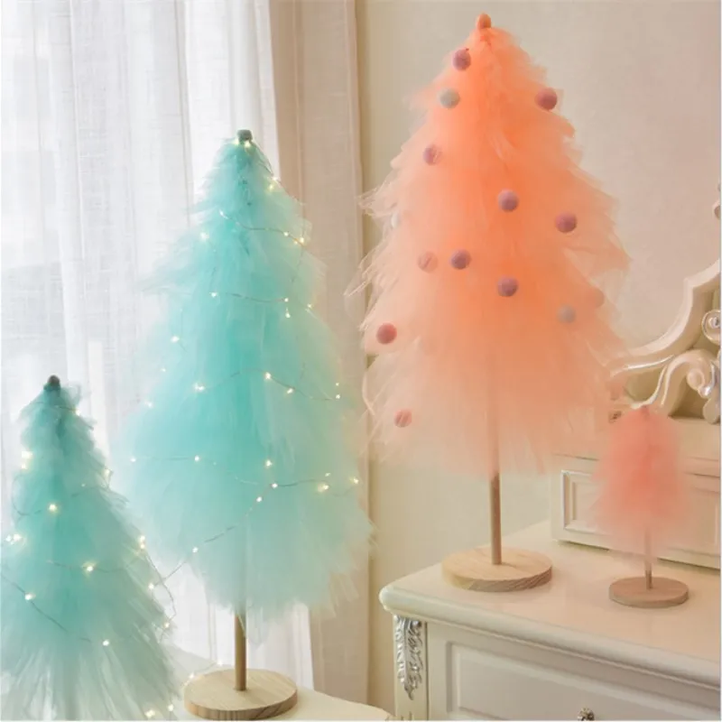 

New Pink Christmas Tree Ornaments Mesh Yarn Xmas Tree DIY New Year Gifts For Girls Home Decorations Party Decor