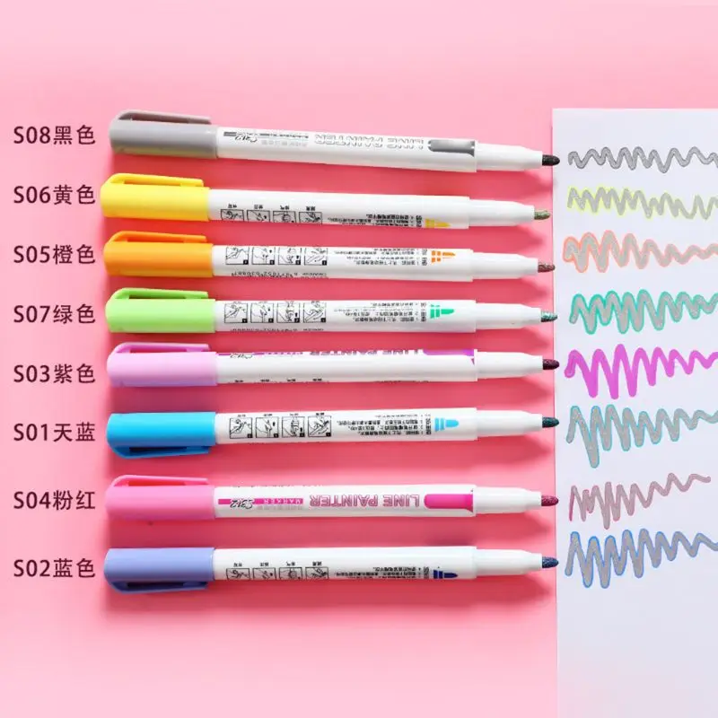 

8 Pcs Colored Double Line Pen Drawing Outline Highlighters Fluorescent Marker