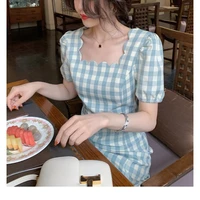 for women summer square collar french style plaid short sleeve holiday dresses