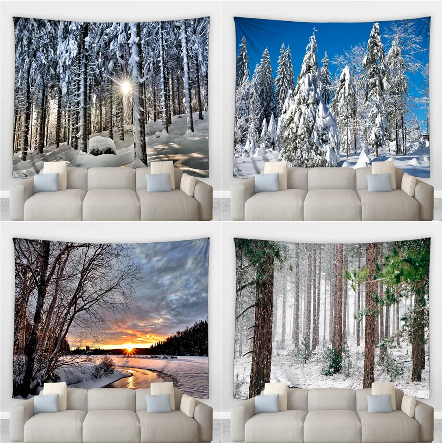 

Winter Forest Scenery Hippie tapestry White Snowfield Ice River Pine Tree Living Dinning Room Patio Decor Wall Hanging Blankets