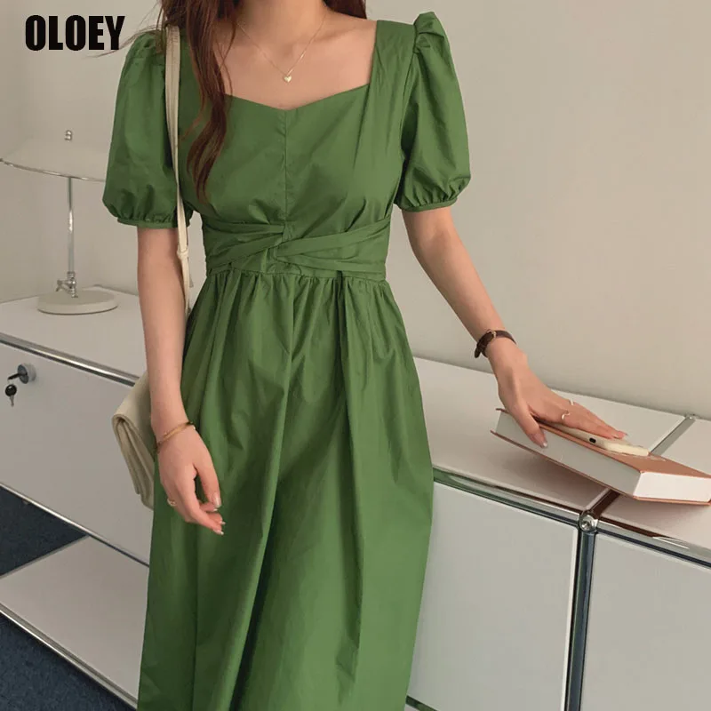 

2021 Summer Vintage Square Collar Puff Sleeve Solid Casual Dress Midi Dress Female One-Piece Korean Fashion Office Ladies Dress