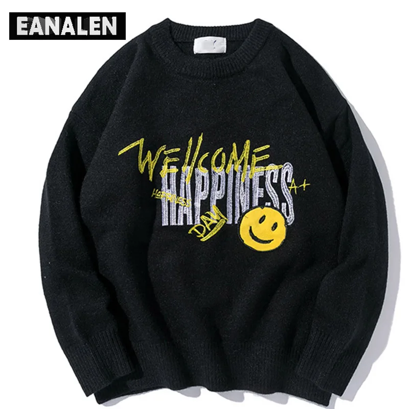 

Винтажный вязаный свитер в стиле Харадзюку со смайликом и граффити, Мужской Повседневный пуловер большого размера в уличном стиле, джемпер ...