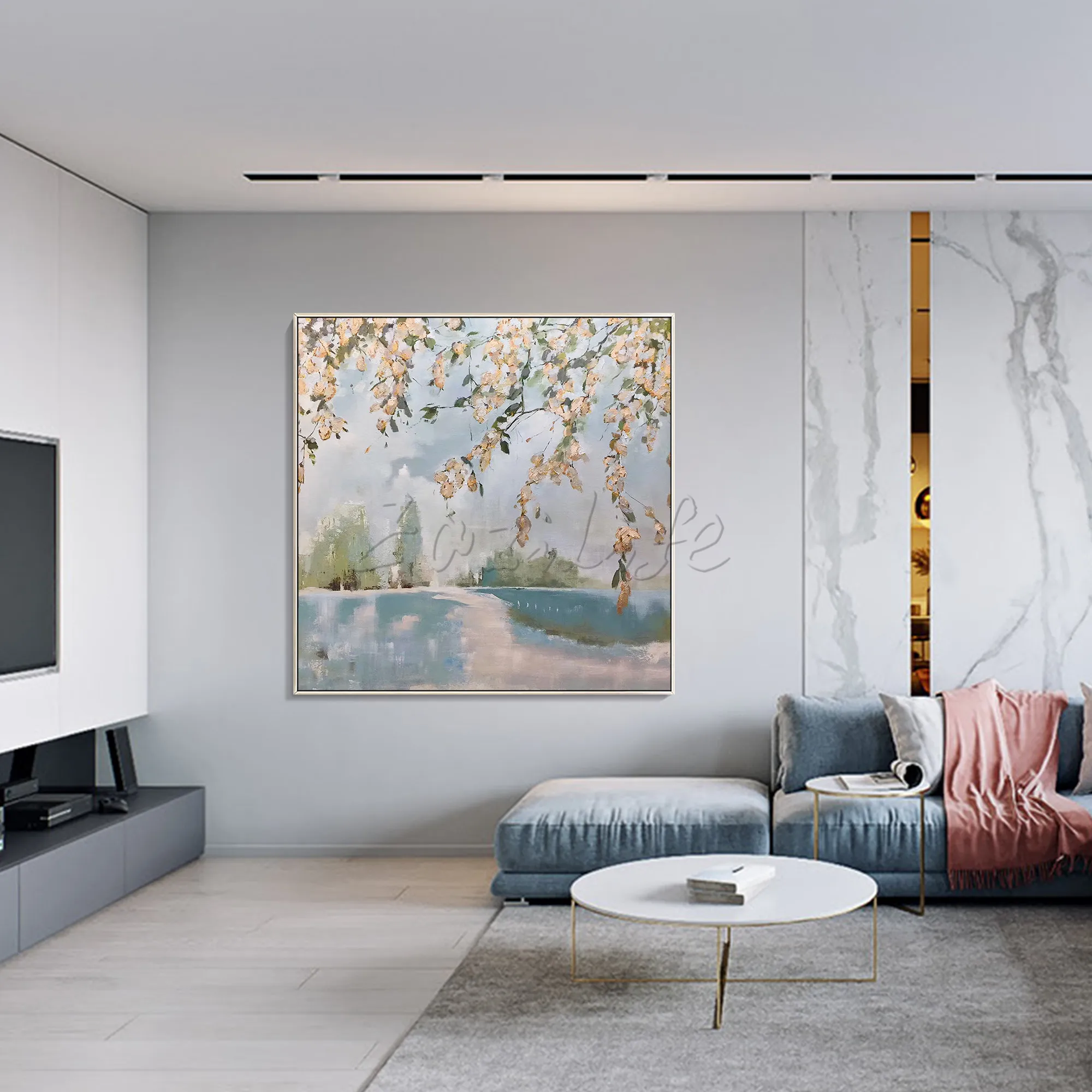 

Modern Abstract Tree Yellow Pinky Flower Lake Hand Painting On Canvas Large Wall Art Acrylic Texture Painting Living Room Decor