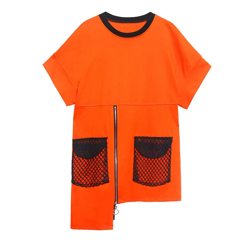 

QING MO Black Orange Women Irregular T Shirt 2021 Women Mesh Pocket Patchwork T Shirt Female Personality T Shirt ZQY6741