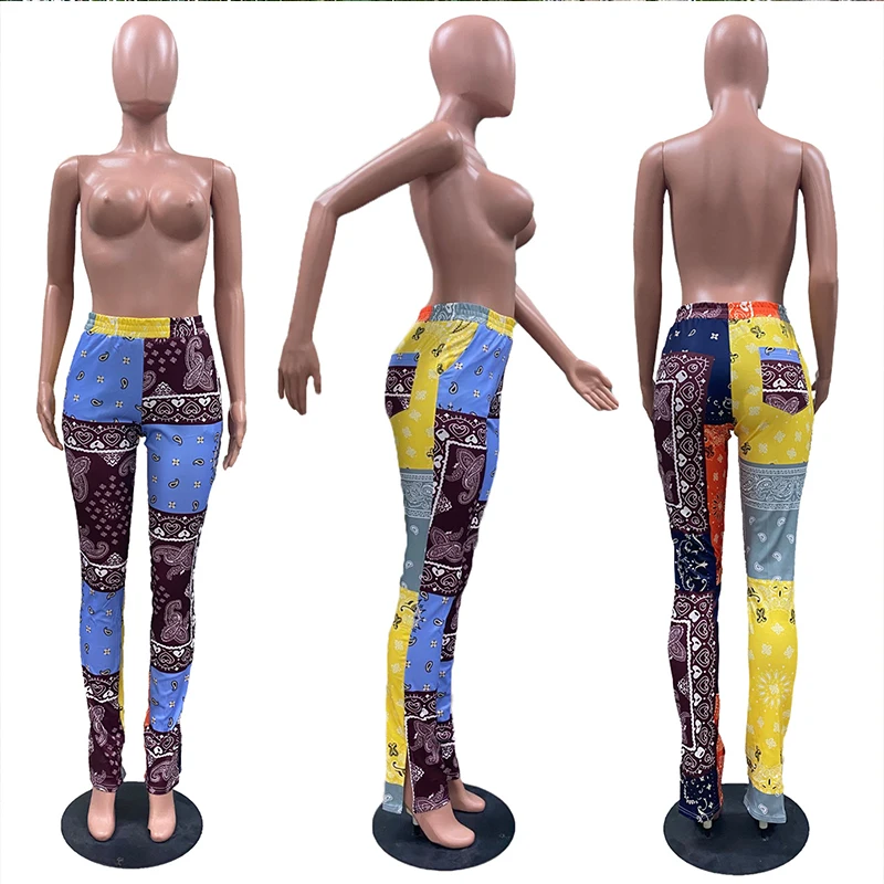 

ZKYZWX Sexy Bandana Patchwork Pockets Pants for Women Fashion Elastic High Waist Hem Split Slit Streetwear Club Casual Trouser