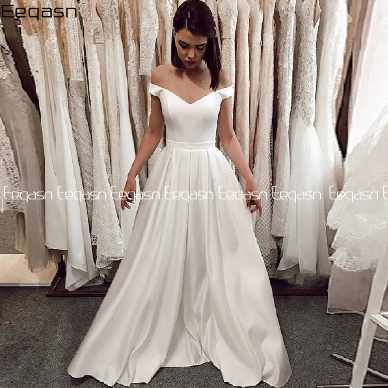 

Sexy Satin V-neck A-line Wedding Dresses Simple Satin Outdoor Bridal Dress vestido noiva sereia Plus Size 2020