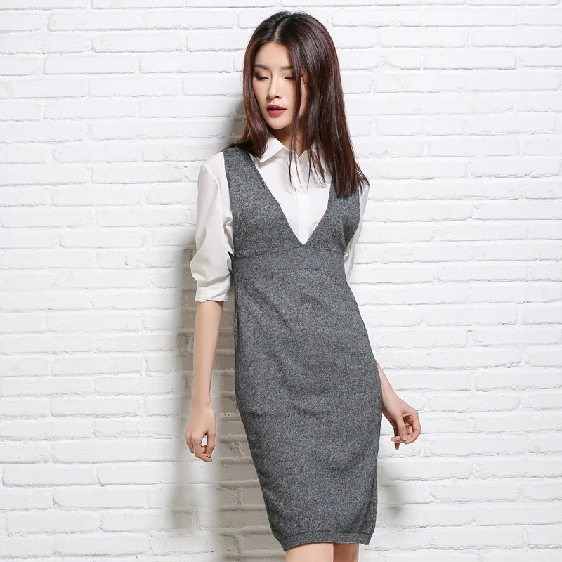 ALKMENE Strap knit skirt V-neck sleeveless sweater slim dress female 2019 spring and autumn long bag hip sexy camisole |
