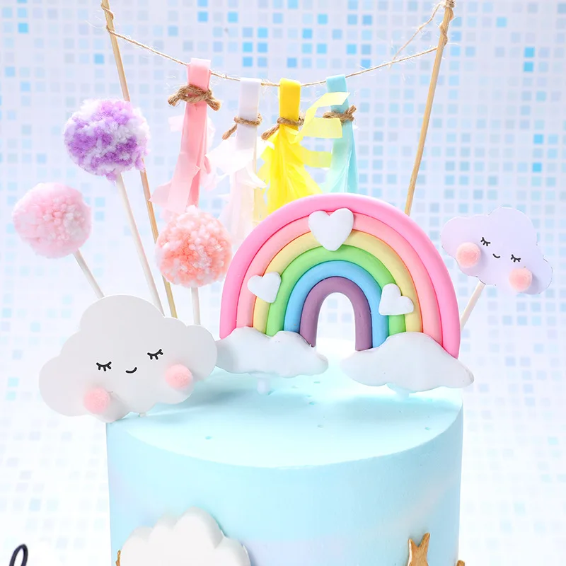 Красочные Fimo 3D Радужные облака для Топпер для торта «С Днем Рождения» свадебное украшение для торта обертка забавные вечерние принадлежности для кексов