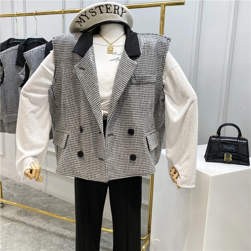 Летний Женский блейзер с узором гусиные лапки свободный Двубортный повседневный