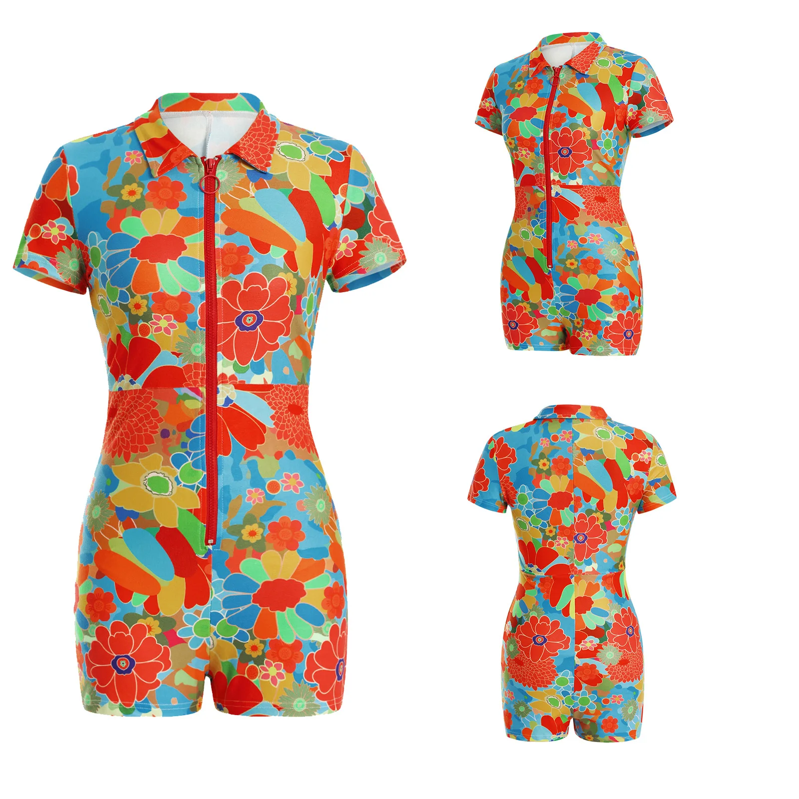 

Комбинезон с отложным воротником, комбинезон с коротким рукавом на молнии, Облегающий комбинезон с цветным цветочным принтом для женщин, об...