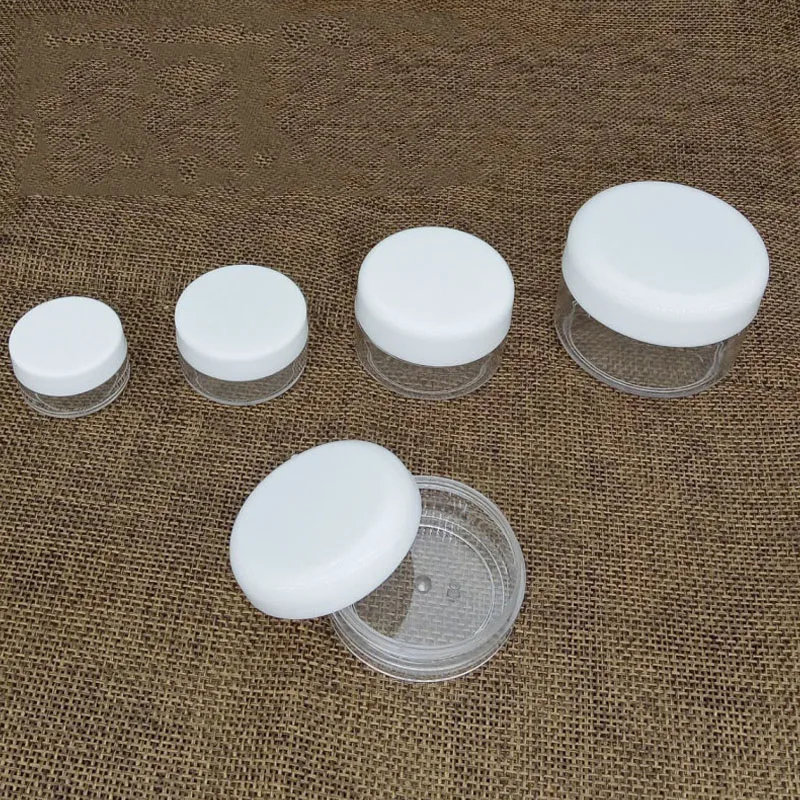 Пустые пластиковые банки для косметики прозрачные с белыми крышками флаконы