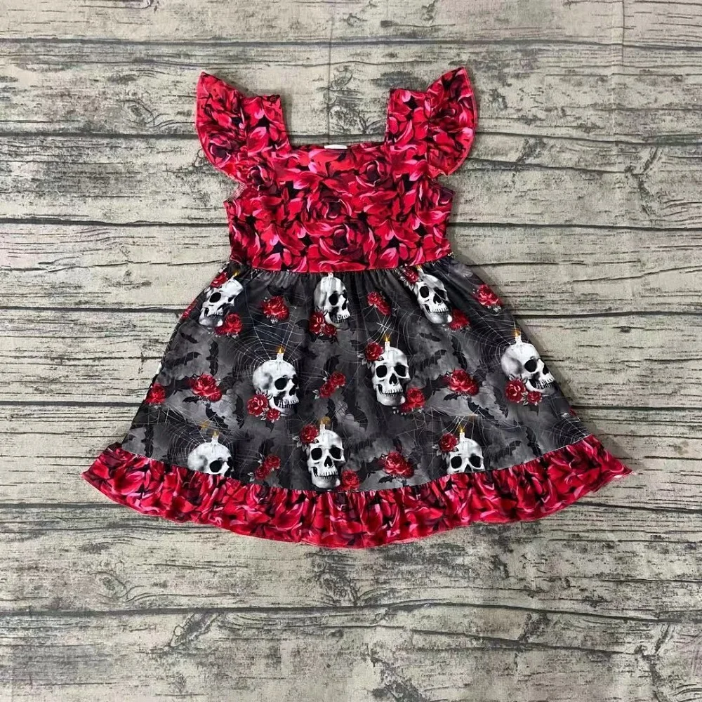

New Arrived Baby Clothes Girls Halloween Dress Fall Pearl Style Flutter Sleeve Kids Rose Skeleton Skull Print Dresses