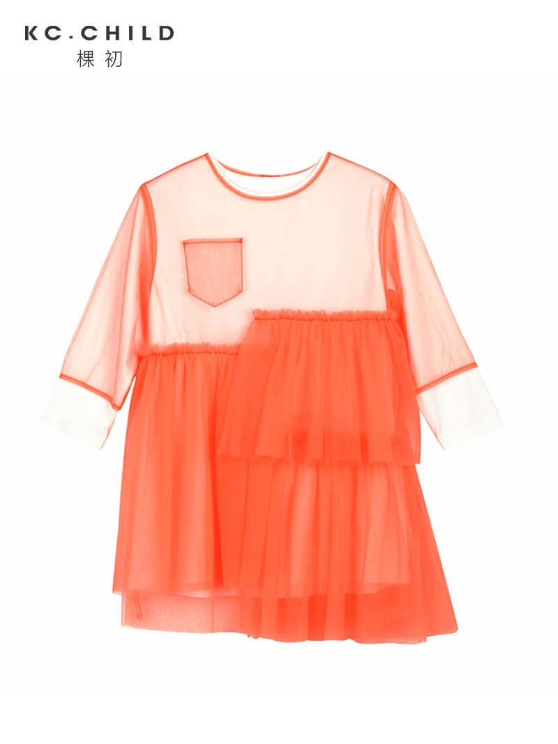 

KC.Child 2020SS Latest Girls Fine Cotton Soft Fluorescent Orange Multi-layer Sweet Style Tulle Dress Baby Girl's Dress Age 2-15Y
