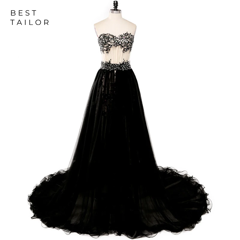 

Black Prom Dresses 2021 Two Pieces Deatachable Skirt Evening Party Gowns Tulle Sheer Sweetheart Applique vestido de fiesta largo