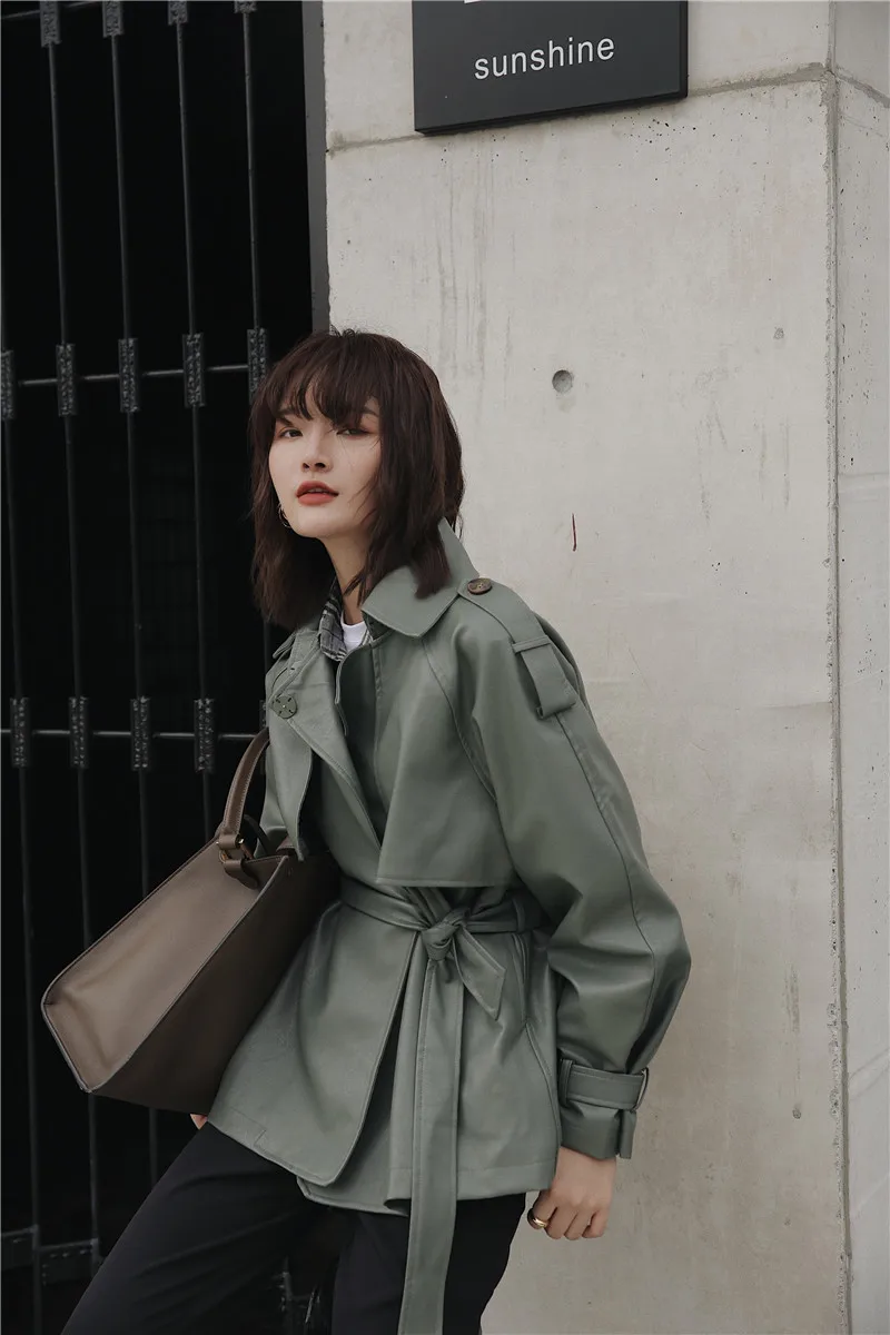 

Jacket jacket female spring and summer 2021 new casual simple Harajuku style lace lapel short pu leather jacket female loose