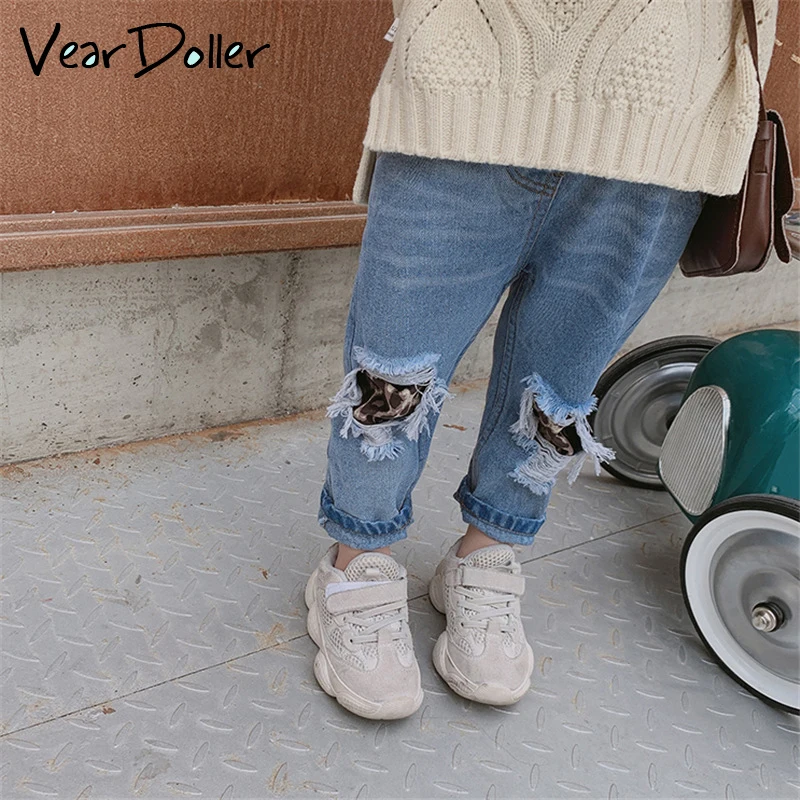 VearDoller Girls Denim Pants Fashion Leopard Patchwork Kids Ripped Jeans for Girl 2-8Years Children's Clothing Baby | Детская одежда
