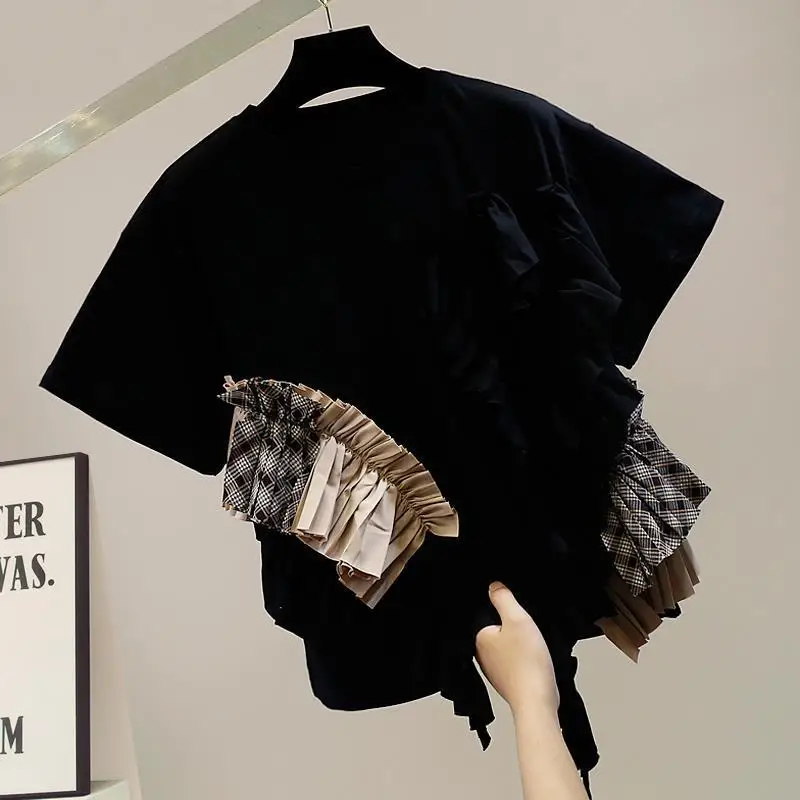 

Ruffled Irregular Color Contrast T Shirt for Women Patchwork Short Sleeved Casual Top Female Fashion Short Sleeve Black Blouses