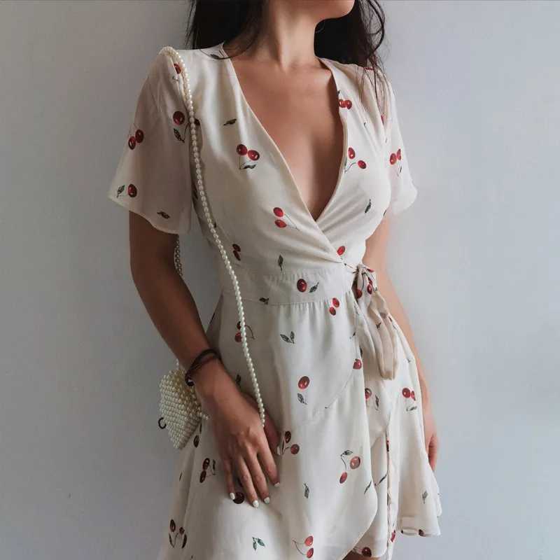 

Summer French Flower Cherry Print Ruffled White Dress Women Lace Cross Lacing Up Elegant Bow Sexy Mini Girl Sundress 2021 Robe