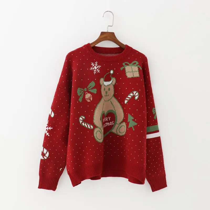 Осенне-зимний женский красный Рождественский свитер с круглым вырезом и