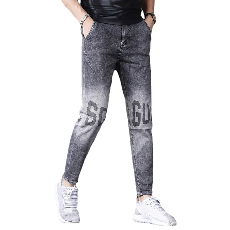 

Summer Letter Printed Jeans Men Dark Gray Regular Fit Pencil Pants Streetwear Lightweight Denim Trousers