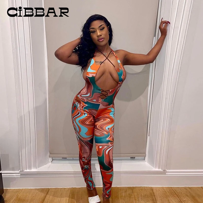 

Женский Облегающий комбинезон CIBBAR с винтажным принтом в виде волн, сексуальный комбинезон без рукавов, обтягивающий комбинезон для ночных ...